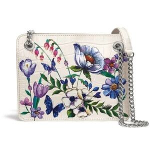Brighton White Floral Painted Leather Crossbody with Silver Chain